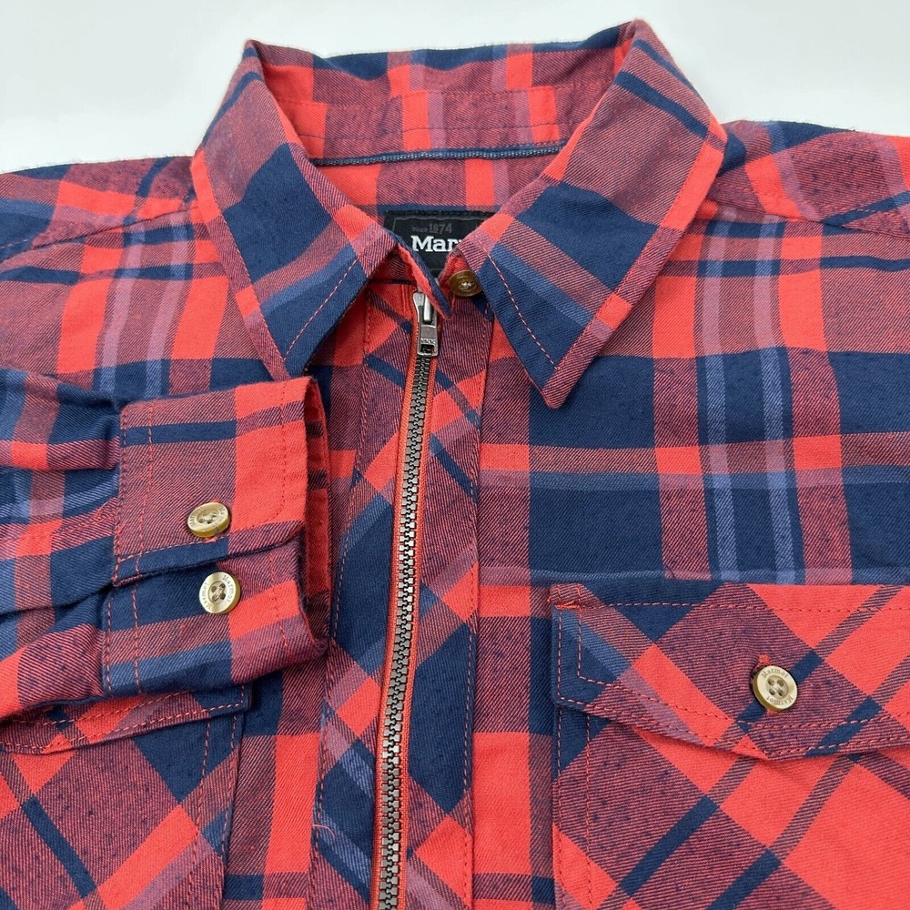 Marmot Top Women Medium Red Blue Tartan Lightweight Flannel Pockets Long‎ Sleeve